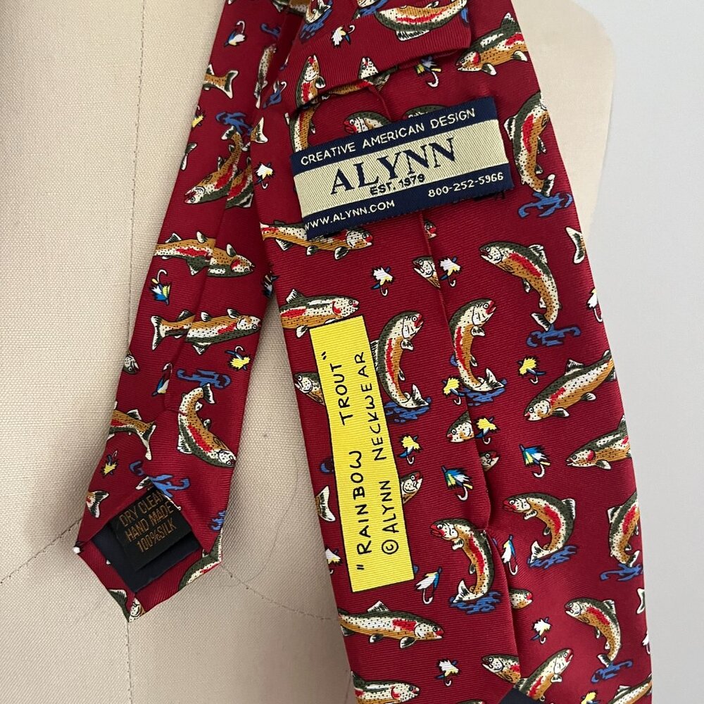 Alynn Rainbow Trout Fishing Tie Silk Neckwear Novelty Tie Dark Red Made in USA - Picture 4 of 4